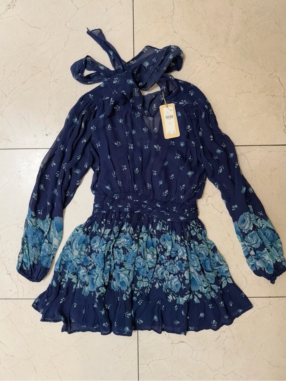 Anthropologie - Let Me Be Navy Floral Tie-Neck Mini Dress with Smocked Waist